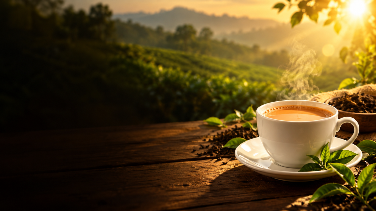 Golden tea plantation with chai and fresh tea leaves