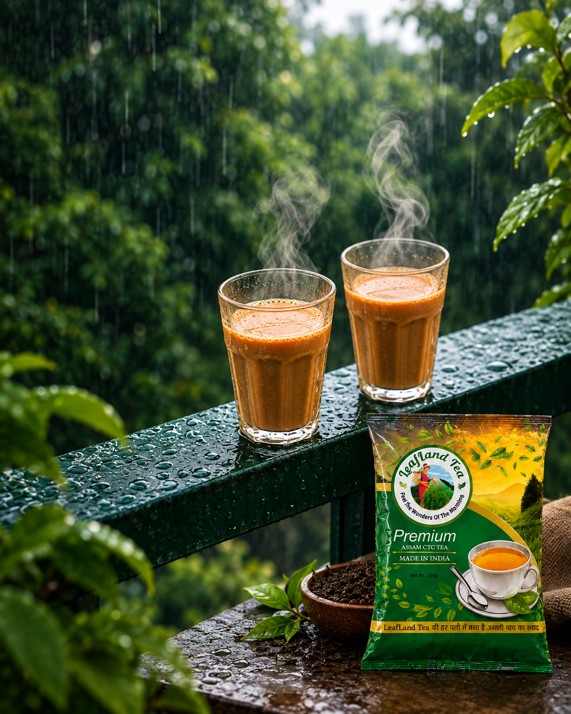 Freshly brewed Assam chai with tea leaves in warm sunlight